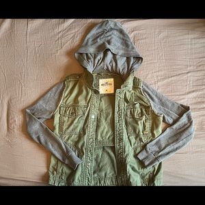 Green and grey sweater mixed with Jean jacked